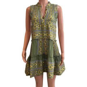 Lace The Label Embroidered Tiered Mini Dress Womens XS Green Gold Cotton Greece